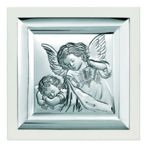 Obrazek srebrny z Aniołkiem w białej ramie 18×18 cm