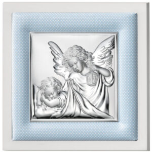 Obrazek srebrny przedstawiający wizerunek Aniołka w niebieskiej ramce 20×20 cm