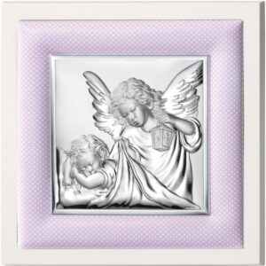 Obrazek srebrny przedstawiający wizerunek Aniołka w różowej ramce 20×20 cm