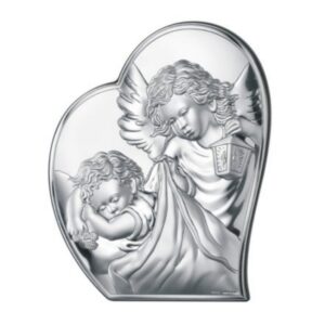 Obrazek srebrny w kształcie serca – Aniołek czuwający nad dzieckiem 16×19,5 cm
